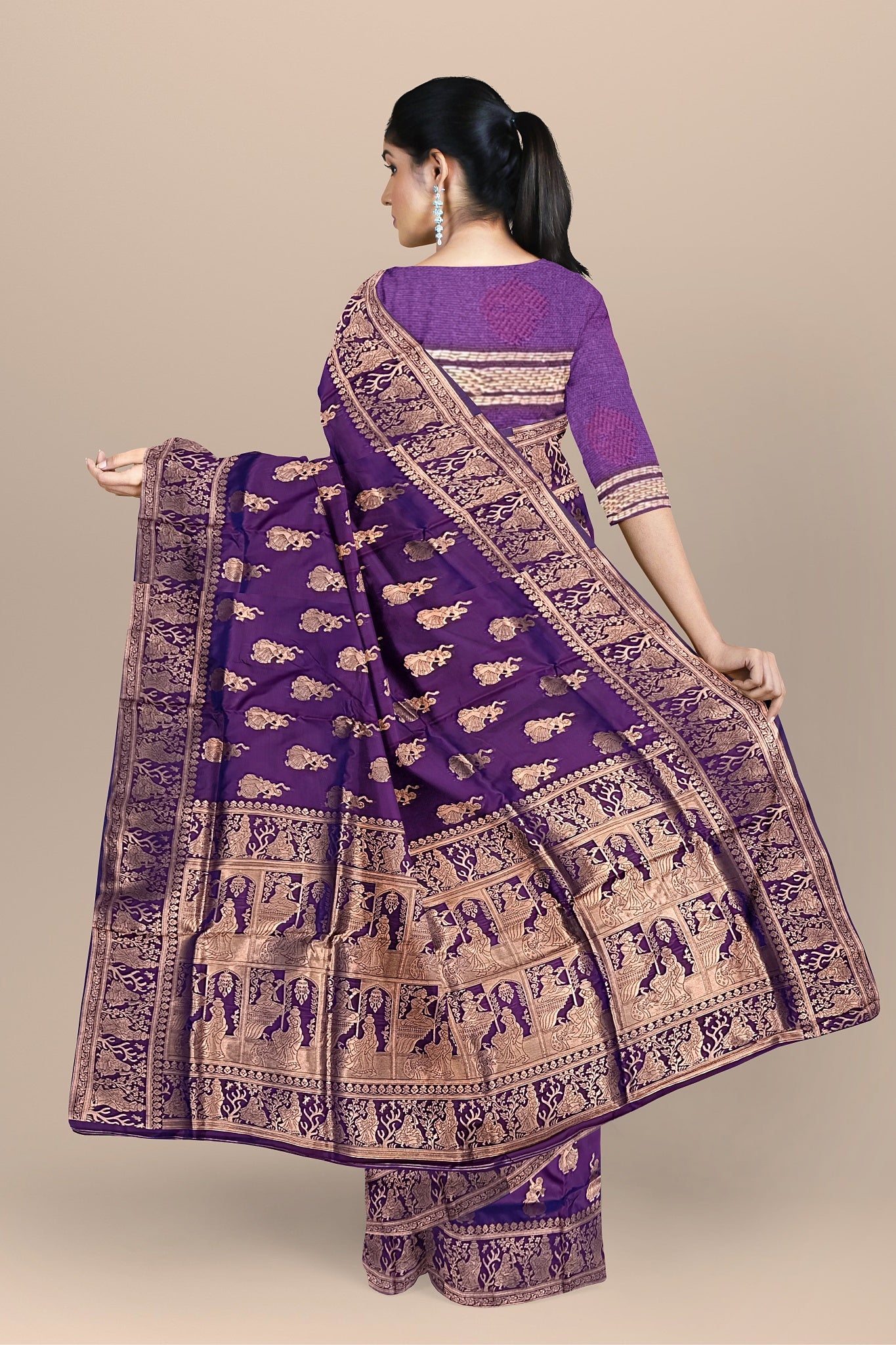 Dark Purple Silk Saree with Baluchuri Work and Block Print Pallu