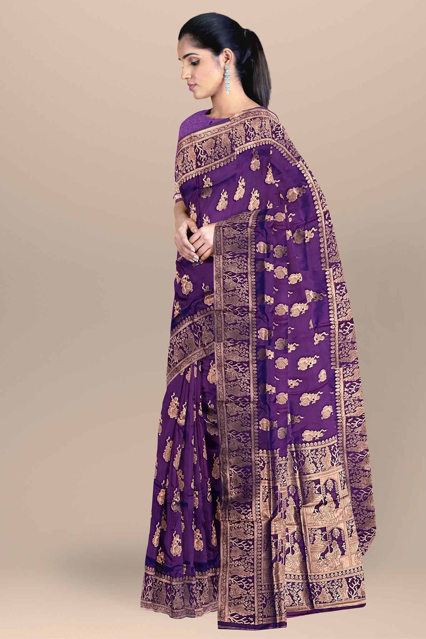 Dark Purple Silk Saree with Baluchuri Work and Block Print Pallu