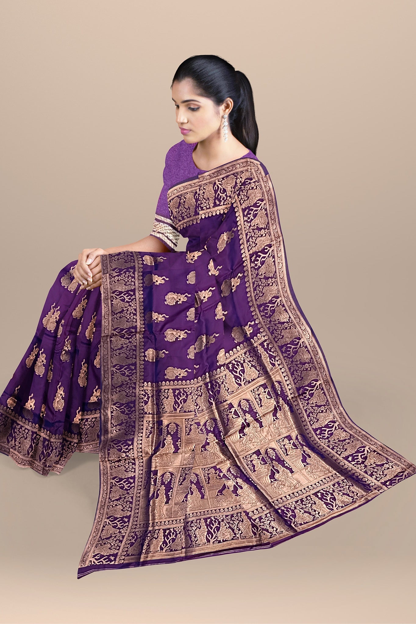 Dark Purple Silk Saree with Baluchuri Work and Block Print Pallu