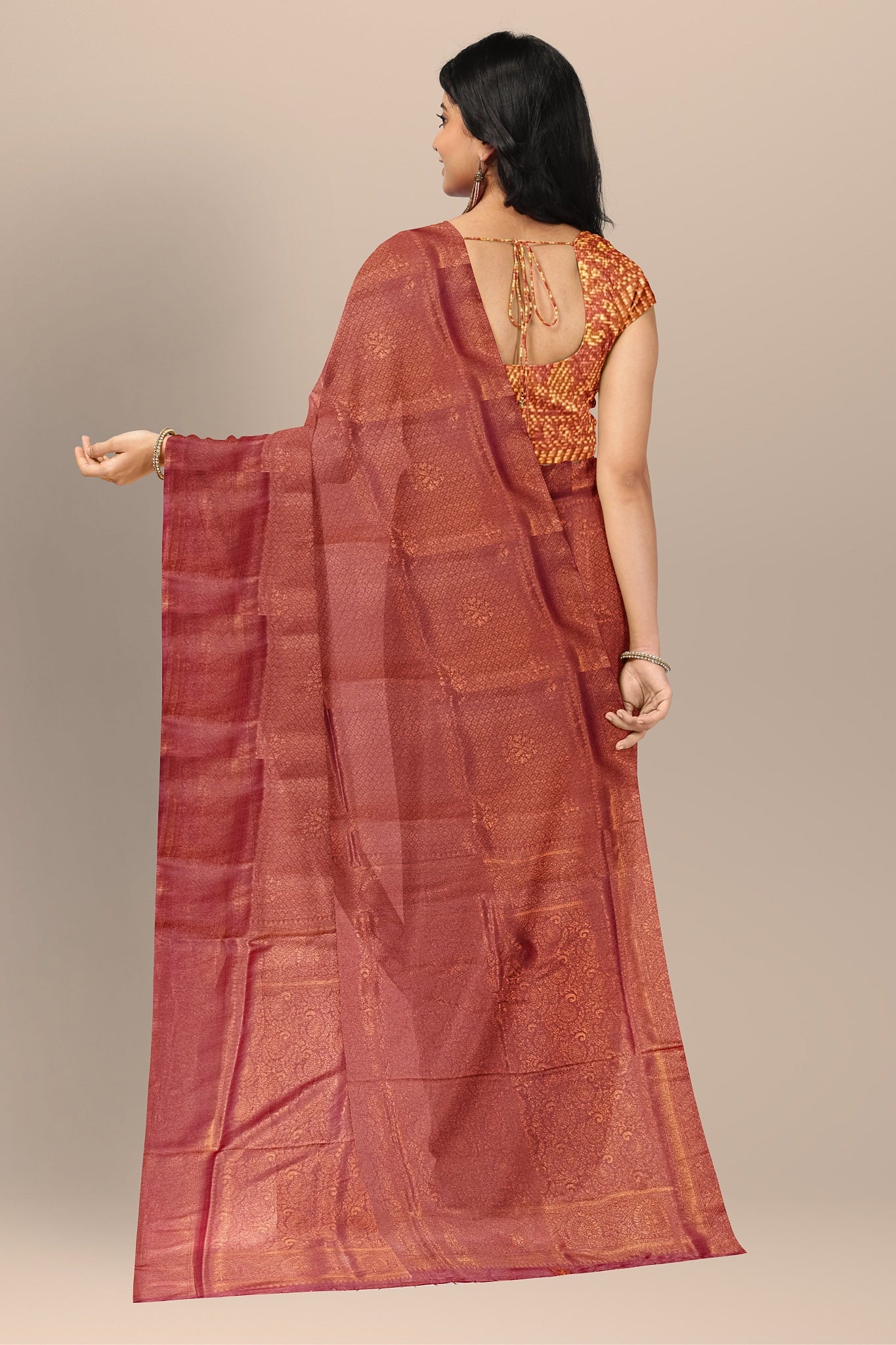 Vibrant Strawberry Silk Saree with Copper Buta and Self Design