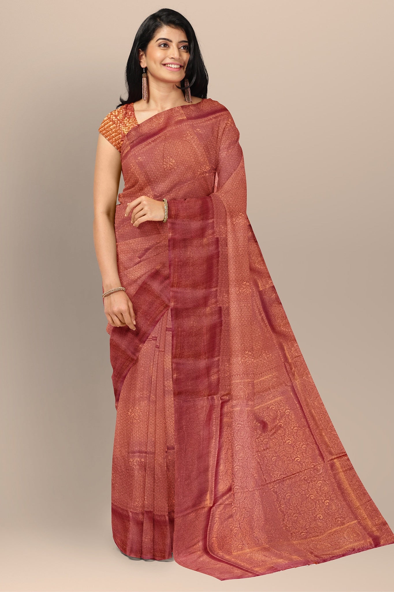 Vibrant Strawberry Silk Saree with Copper Buta and Self Design