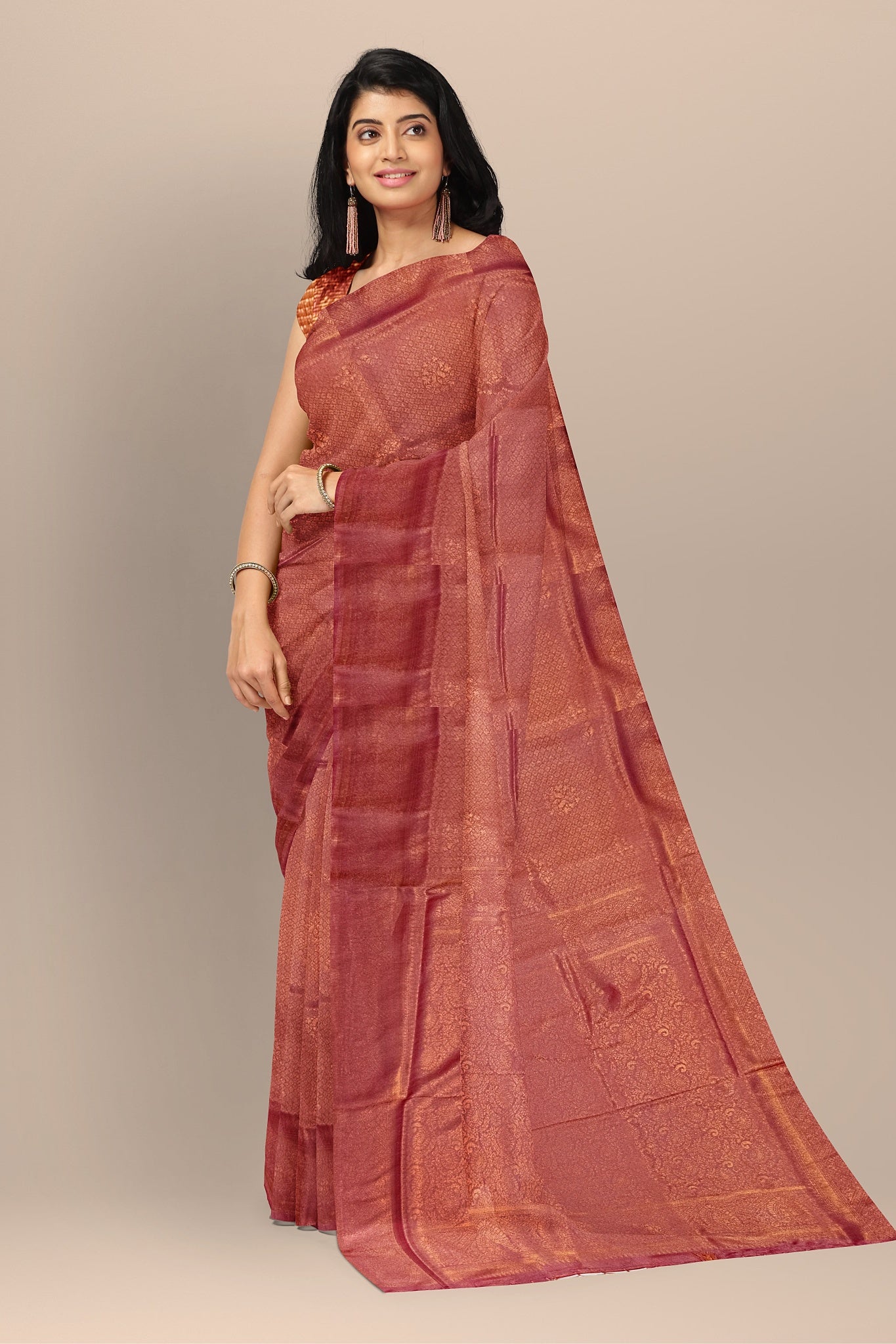 Vibrant Strawberry Silk Saree with Copper Buta and Self Design