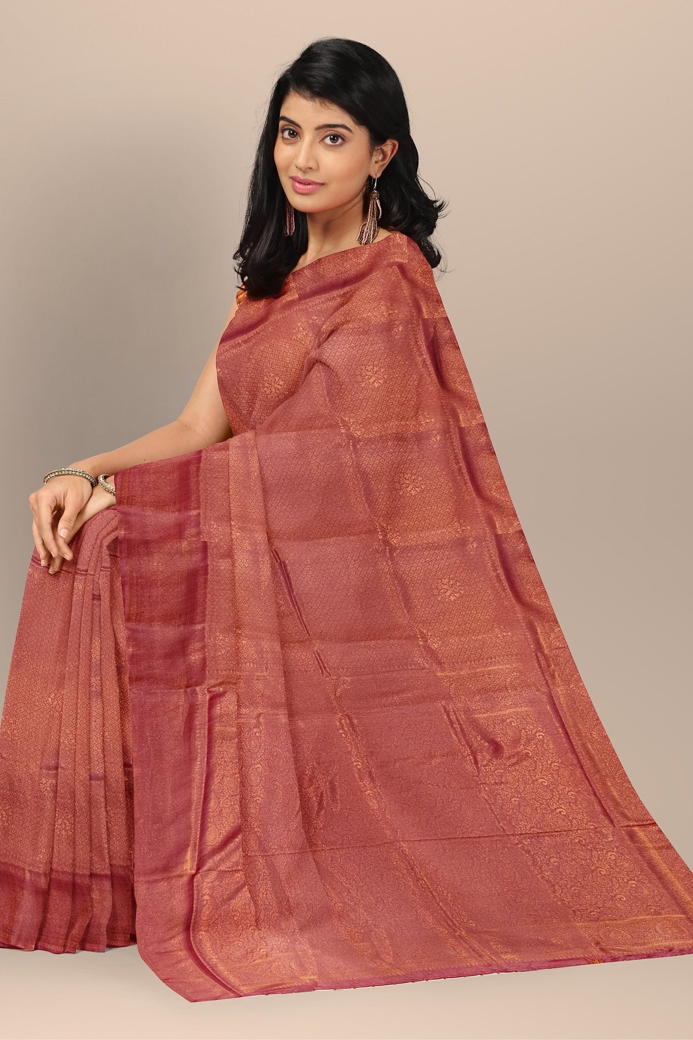 Vibrant Strawberry Silk Saree with Copper Buta and Self Design