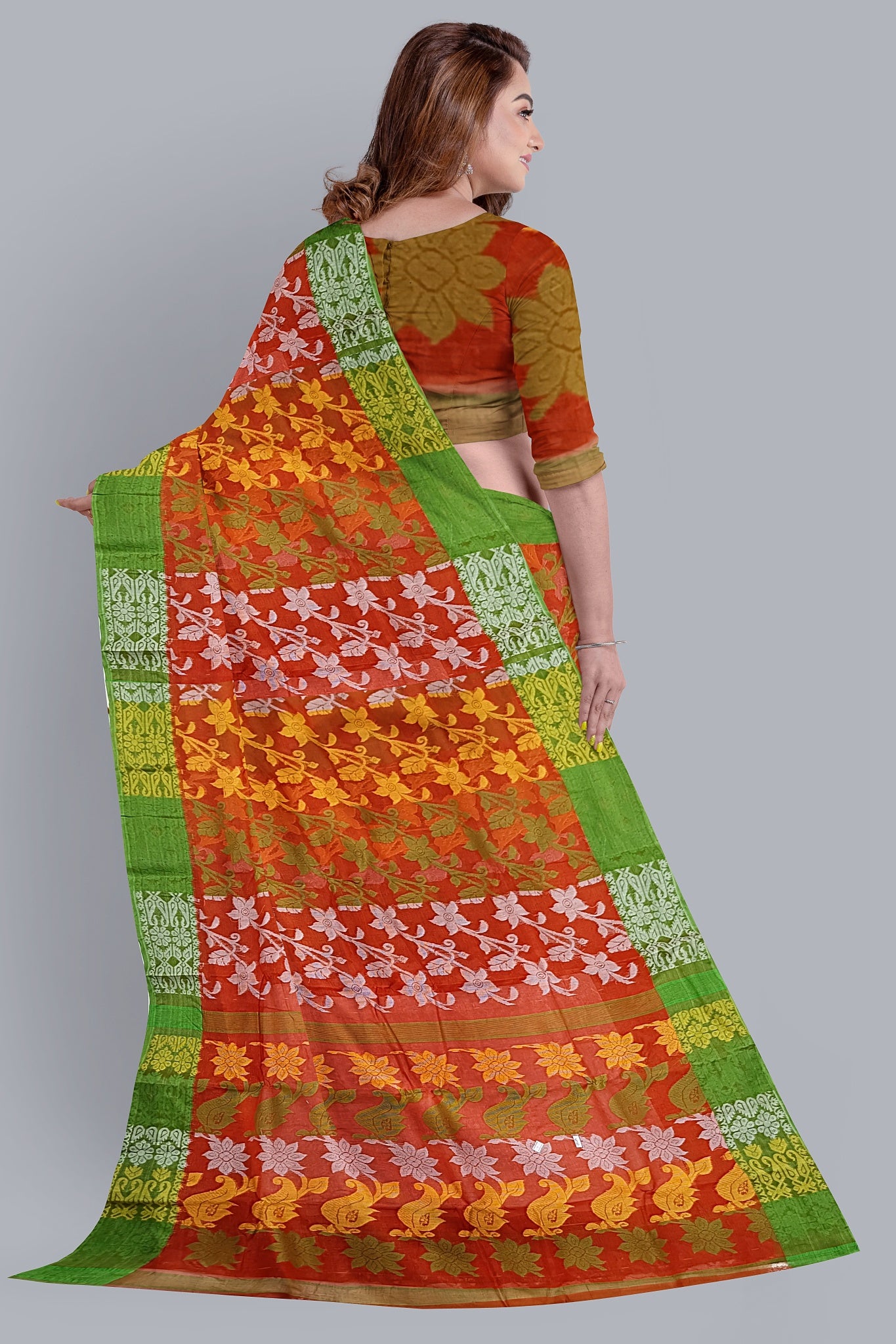Radiant Orange Tant Jamdani Saree with Vibrant Floral Accents.DN NO-1087