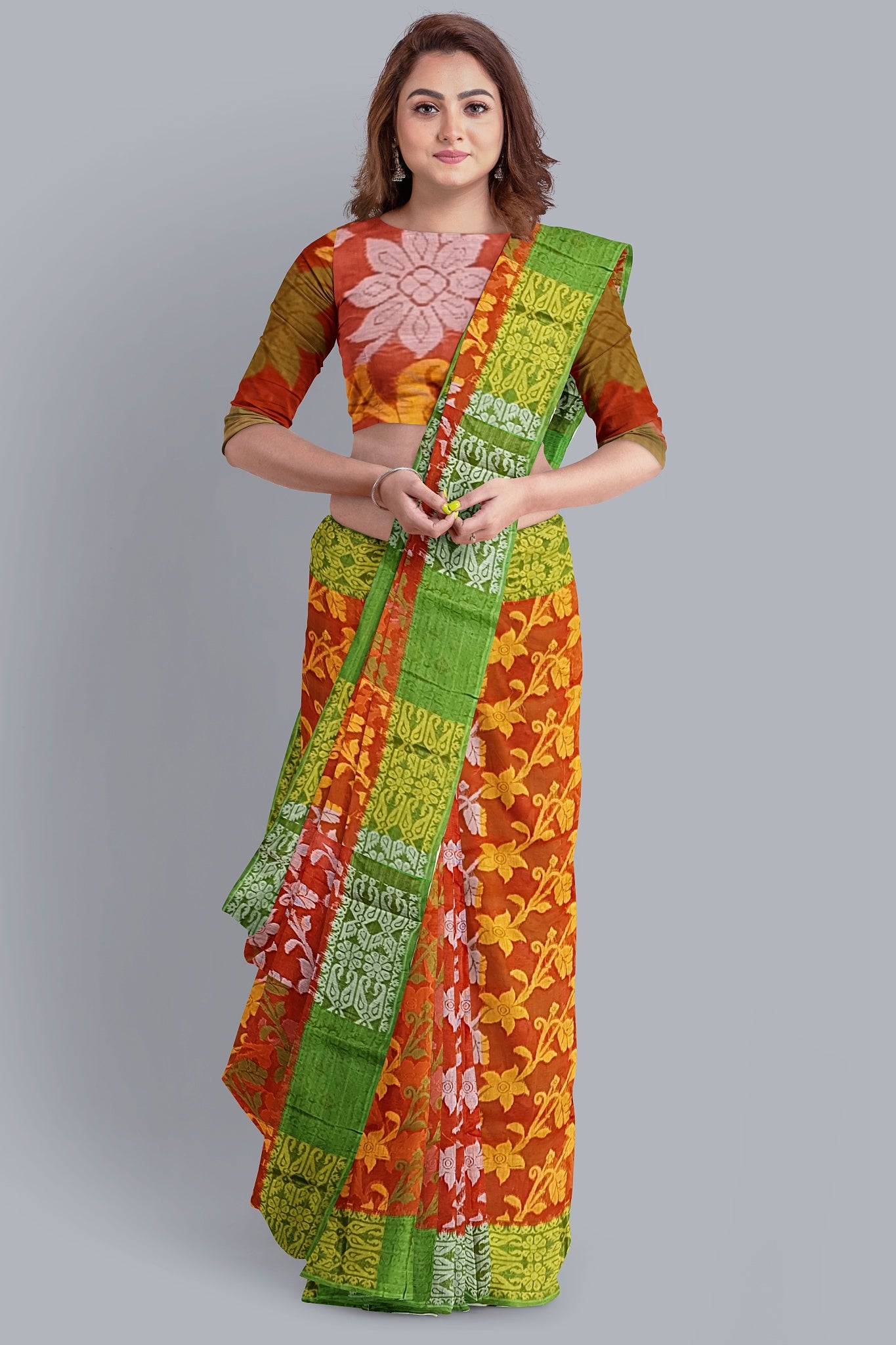 Radiant Orange Tant Jamdani Saree with Vibrant Floral Accents.DN NO-1087