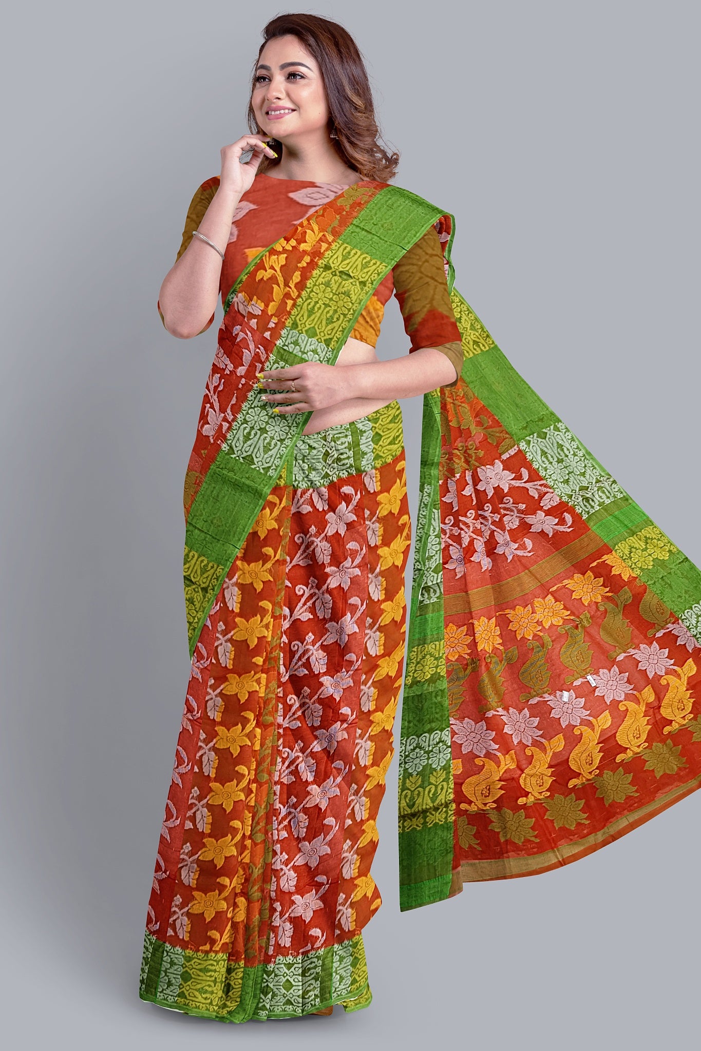 Radiant Orange Tant Jamdani Saree with Vibrant Floral Accents.DN NO-1087