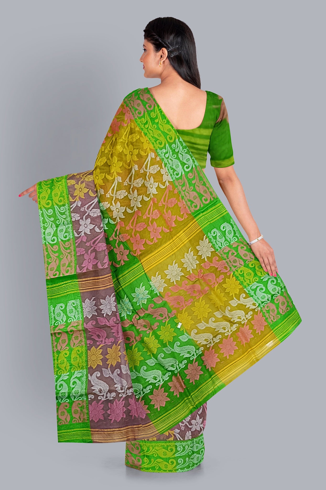 Vibrant Tant Jamdani Saree in Yellow, Pink & Parrot Green.DN NO-1093