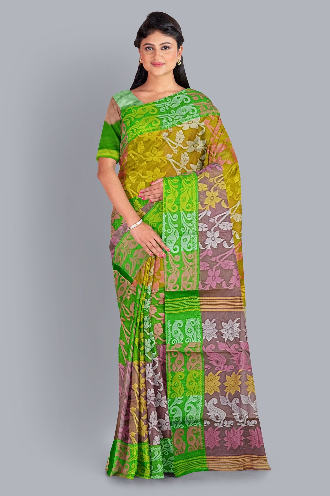 Vibrant Tant Jamdani Saree in Yellow, Pink & Parrot Green.DN NO-1093