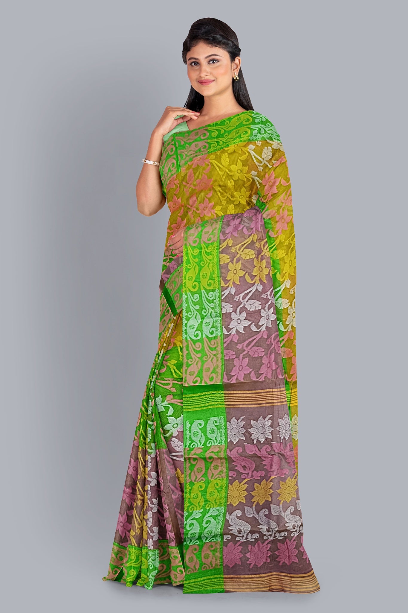 Vibrant Tant Jamdani Saree in Yellow, Pink & Parrot Green.DN NO-1093