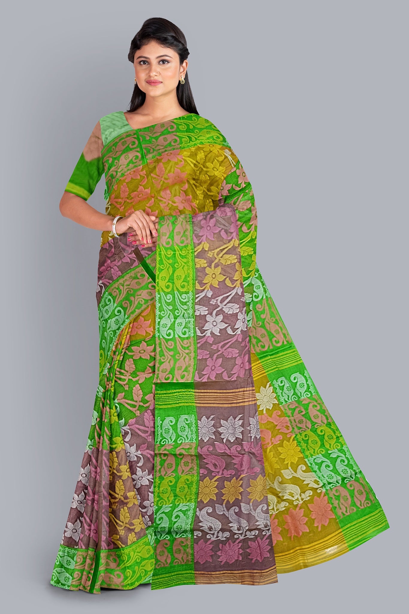 Vibrant Tant Jamdani Saree in Yellow, Pink & Parrot Green.DN NO-1093