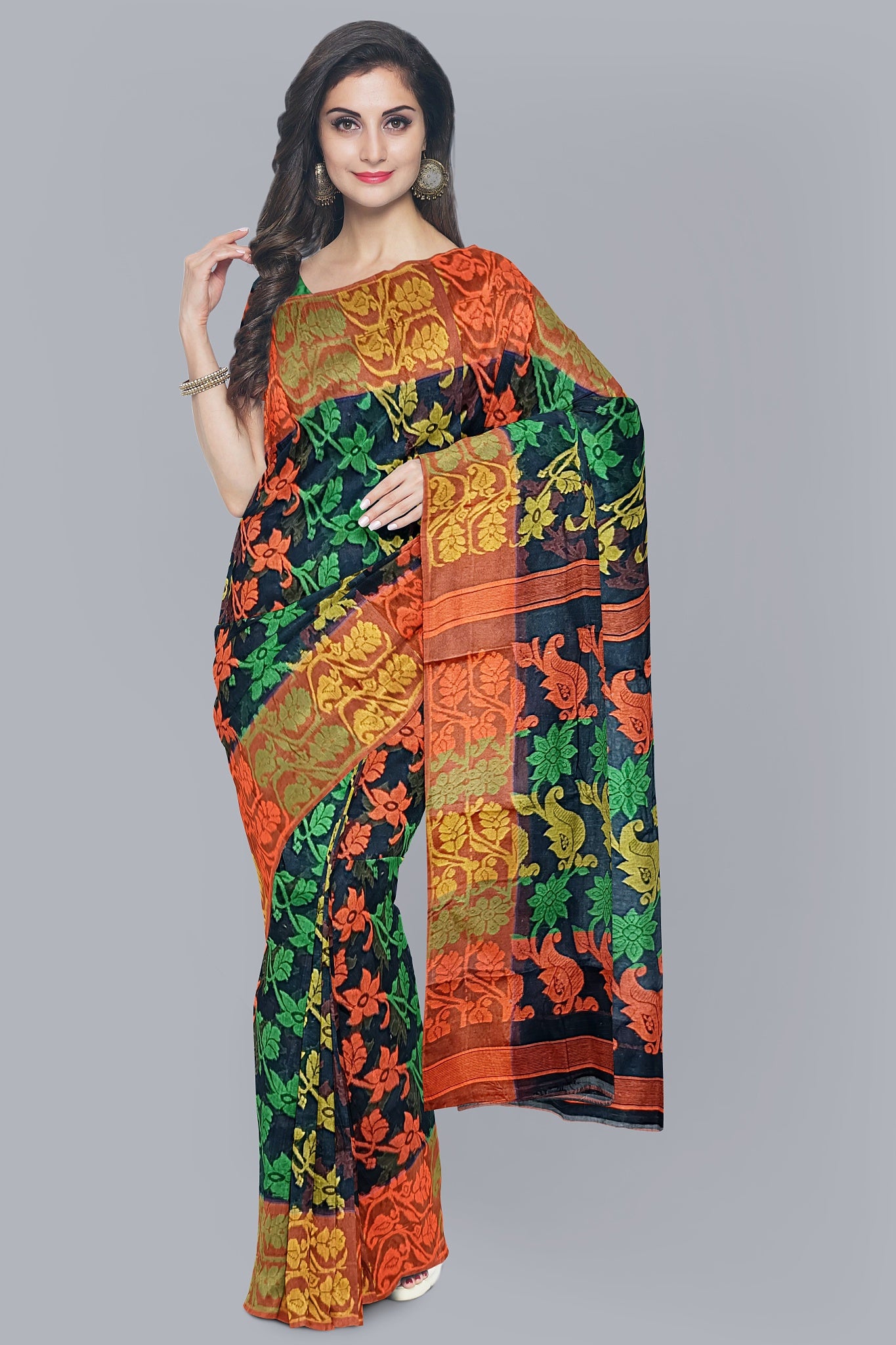 Exquisite Multicolored Tant Saree with Floral and Kalka Design.DN NO-1090