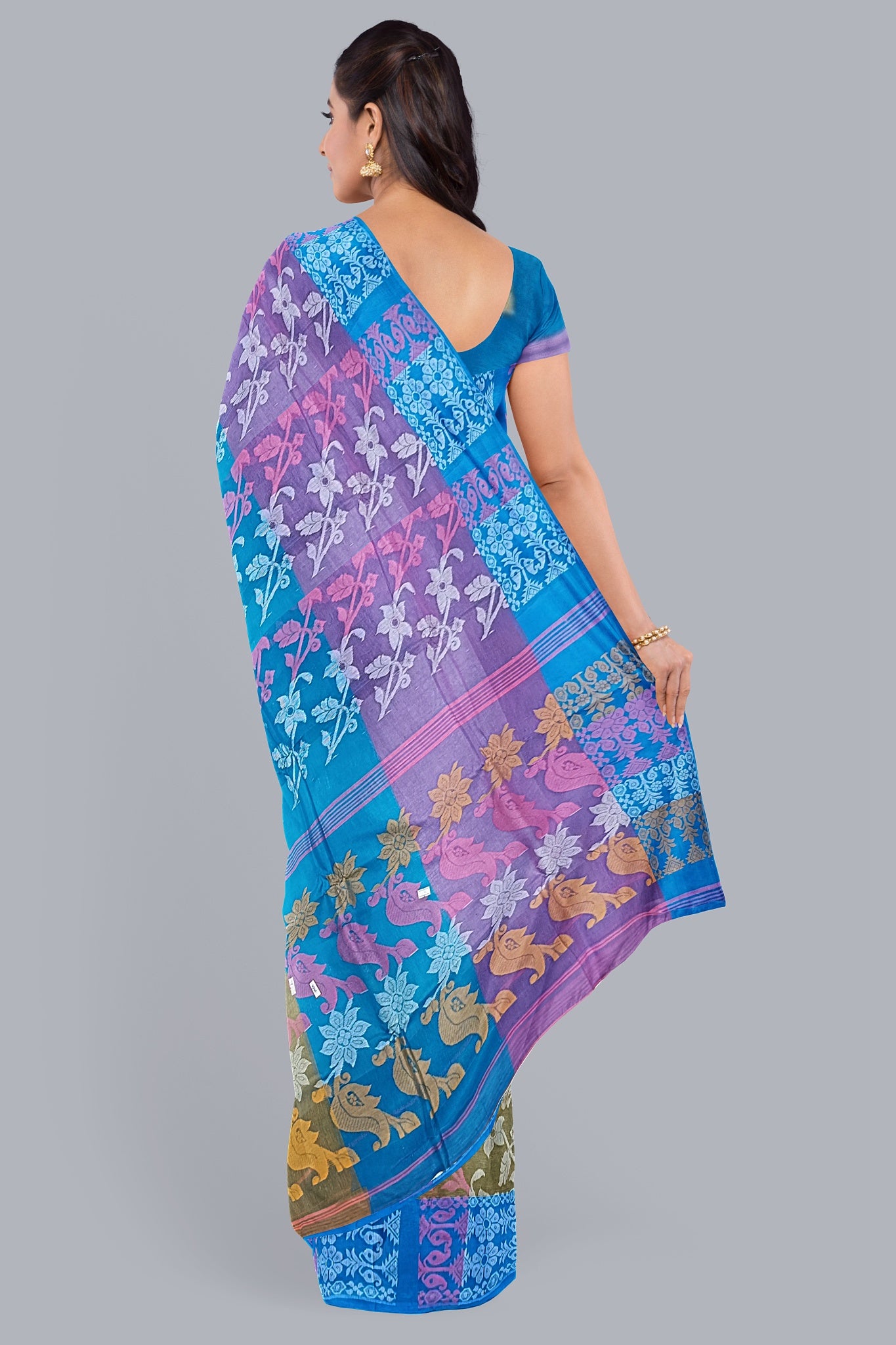 Exquisite 3D Tant Jamdani Saree in Pink, Firoza, and Mastered Yellow.DN NO-1091