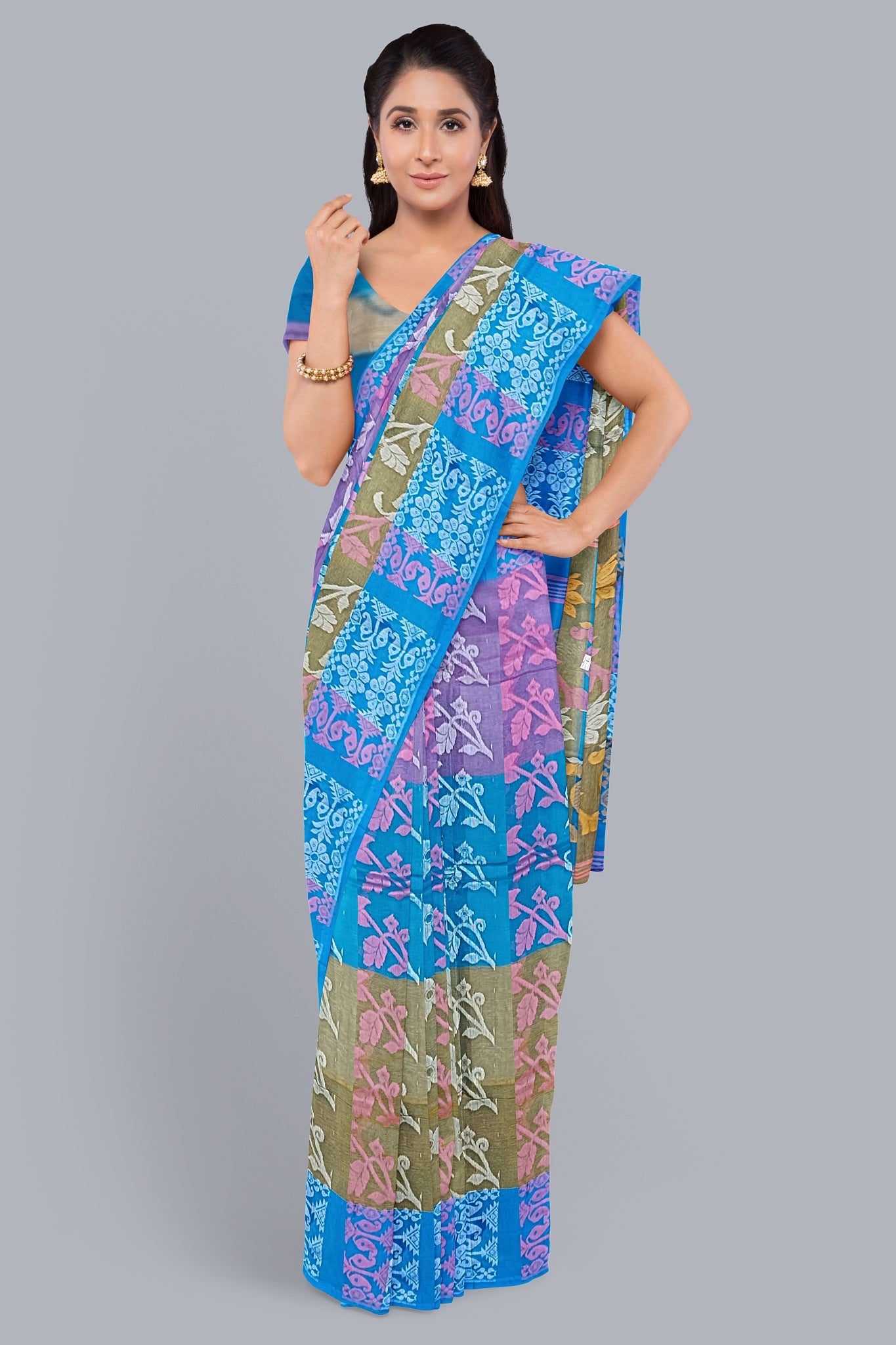 Exquisite 3D Tant Jamdani Saree in Pink, Firoza, and Mastered Yellow.DN NO-1091
