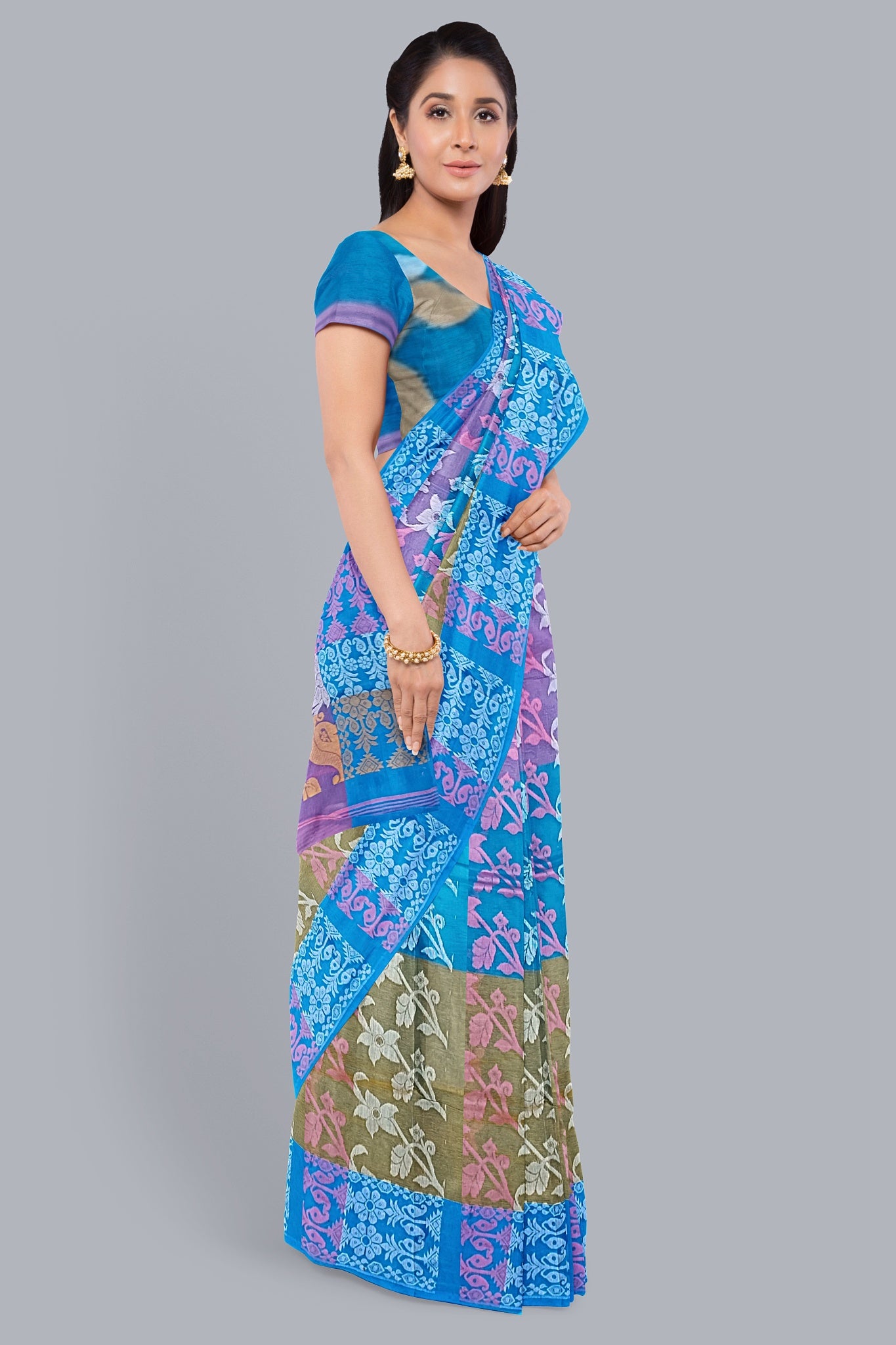 Exquisite 3D Tant Jamdani Saree in Pink, Firoza, and Mastered Yellow.DN NO-1091