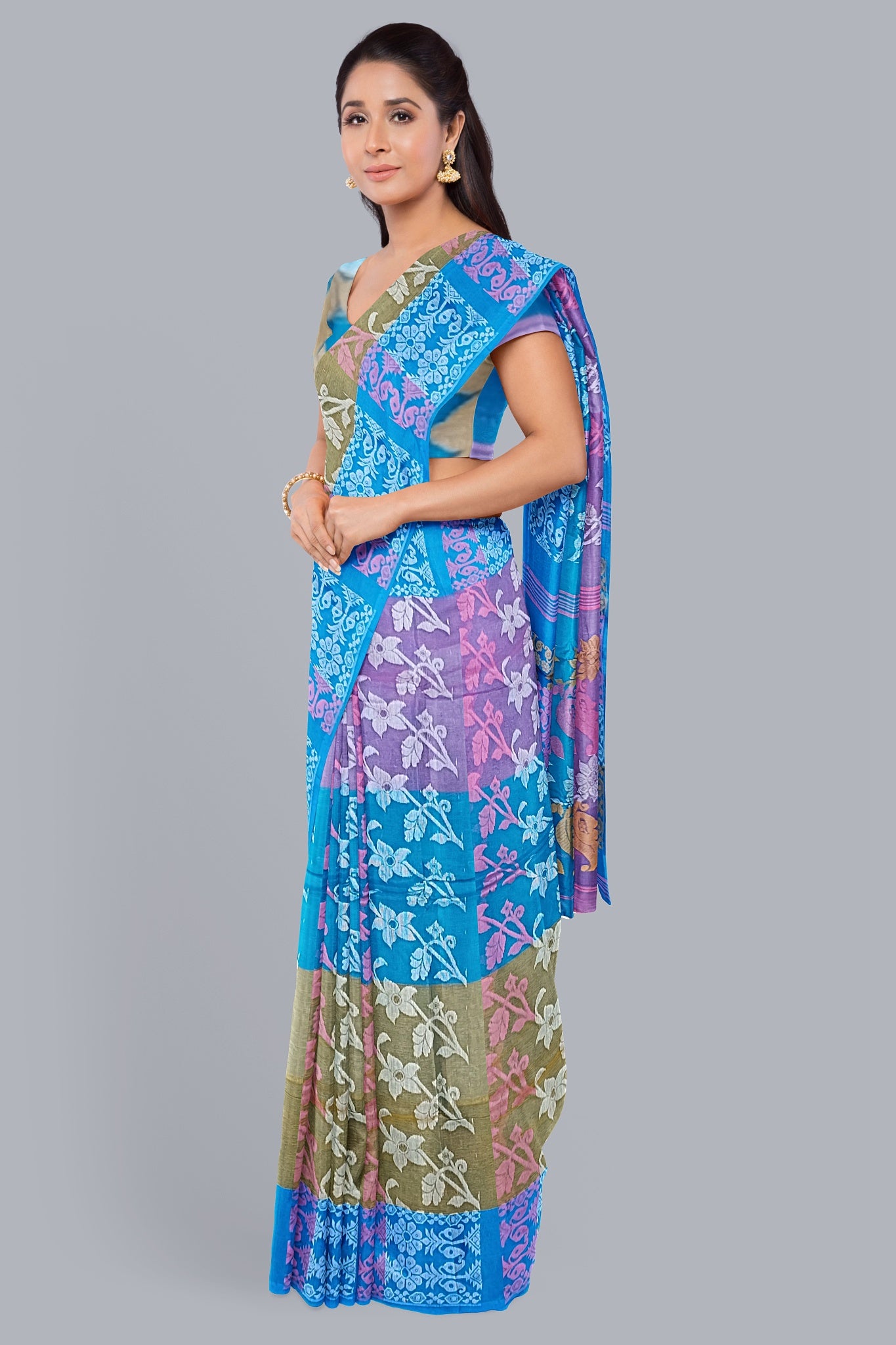 Exquisite 3D Tant Jamdani Saree in Pink, Firoza, and Mastered Yellow.DN NO-1091