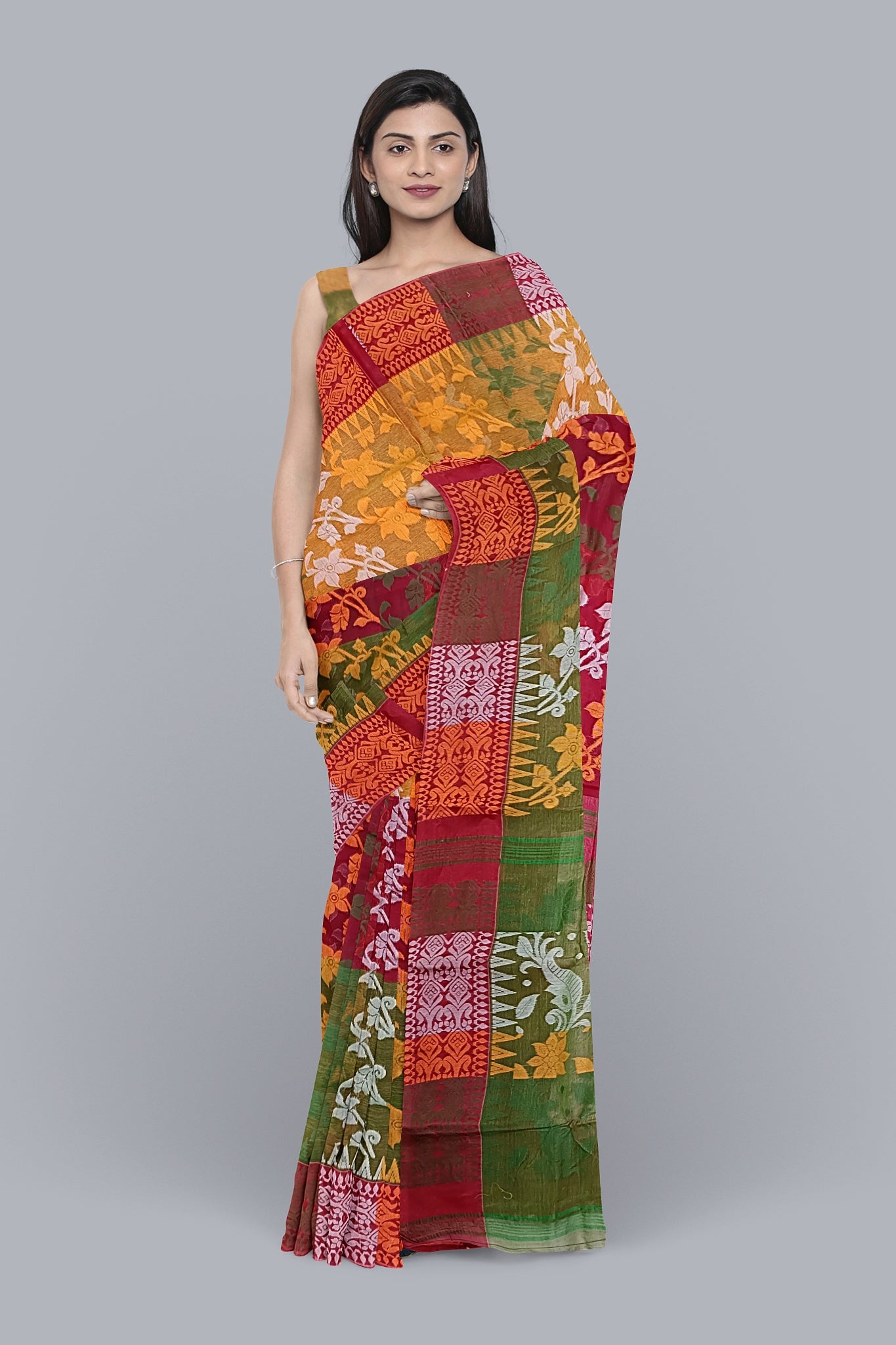 Opulent 3D Tant Jamdani Saree in Green, Red, and Mustard Yellow.DN NO-1094