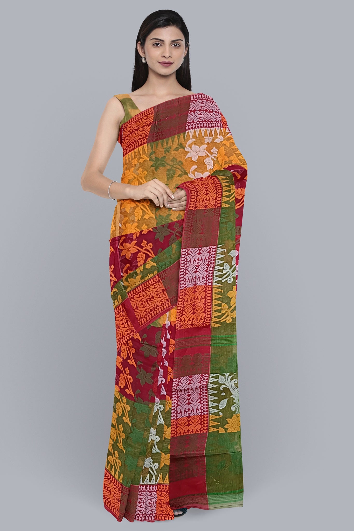 Opulent 3D Tant Jamdani Saree in Green, Red, and Mustard Yellow.DN NO-1094