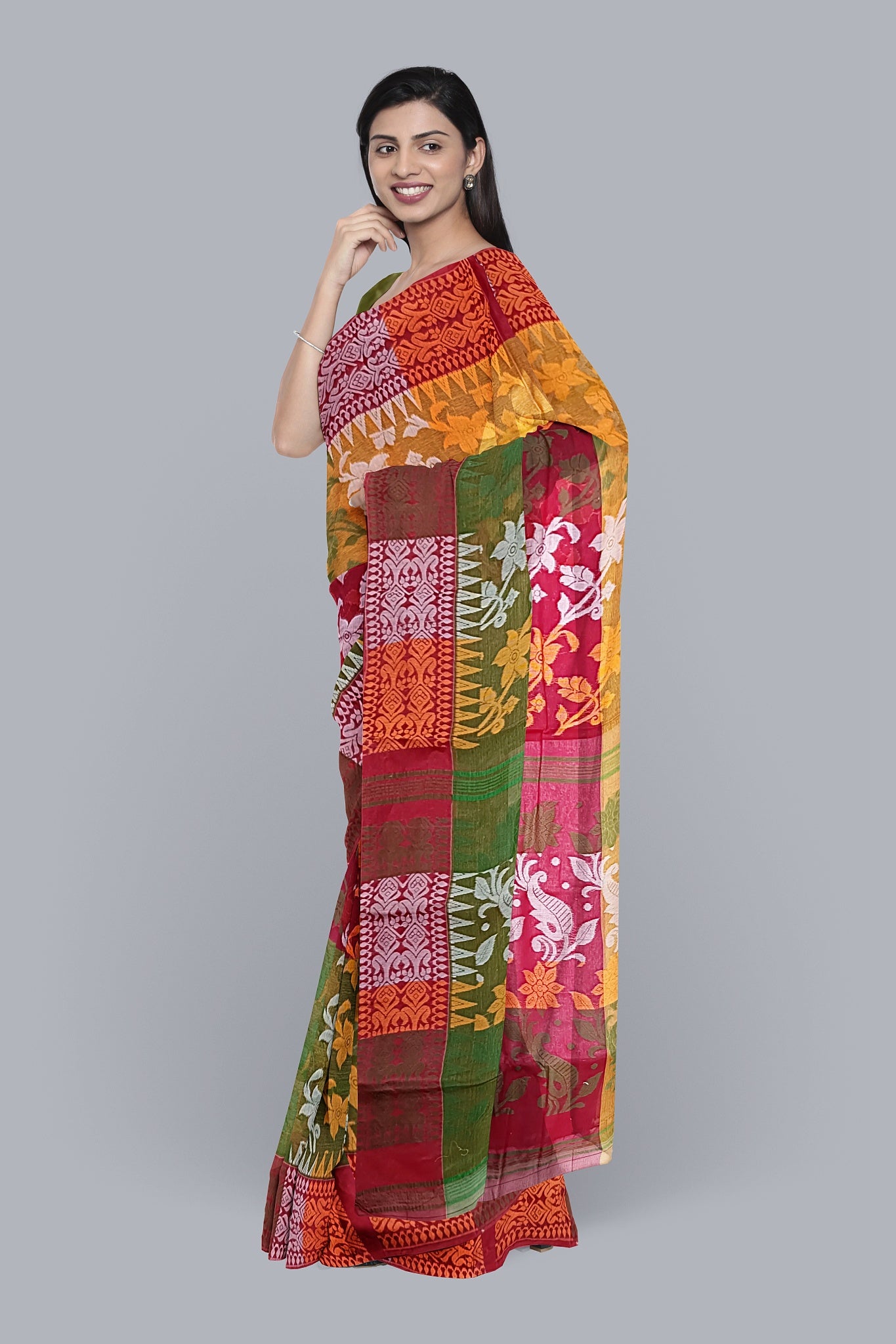 Opulent 3D Tant Jamdani Saree in Green, Red, and Mustard Yellow.DN NO-1094