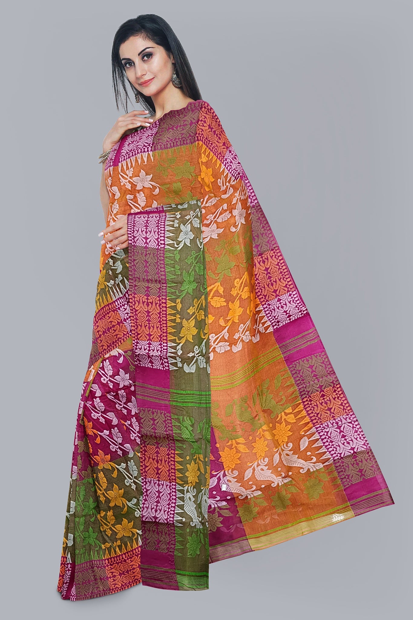 Regal 3D Tant Jamdani Saree in Mustard Yellow, Rani, and Green.DN NO-1095