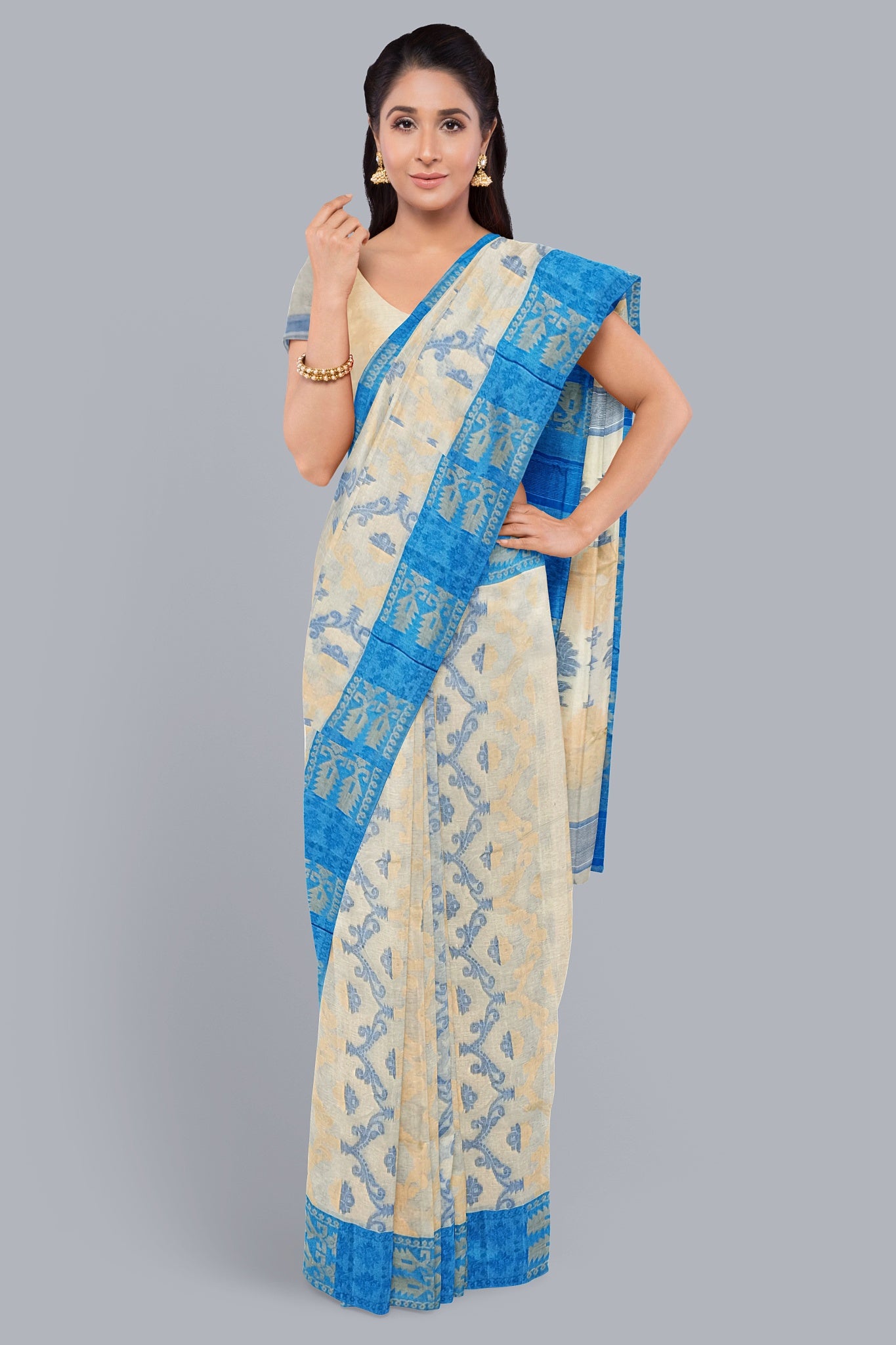 Elegant Cream Tant Jamdani Saree with Sky Blue and Biscuit Accents.DN NO-1086