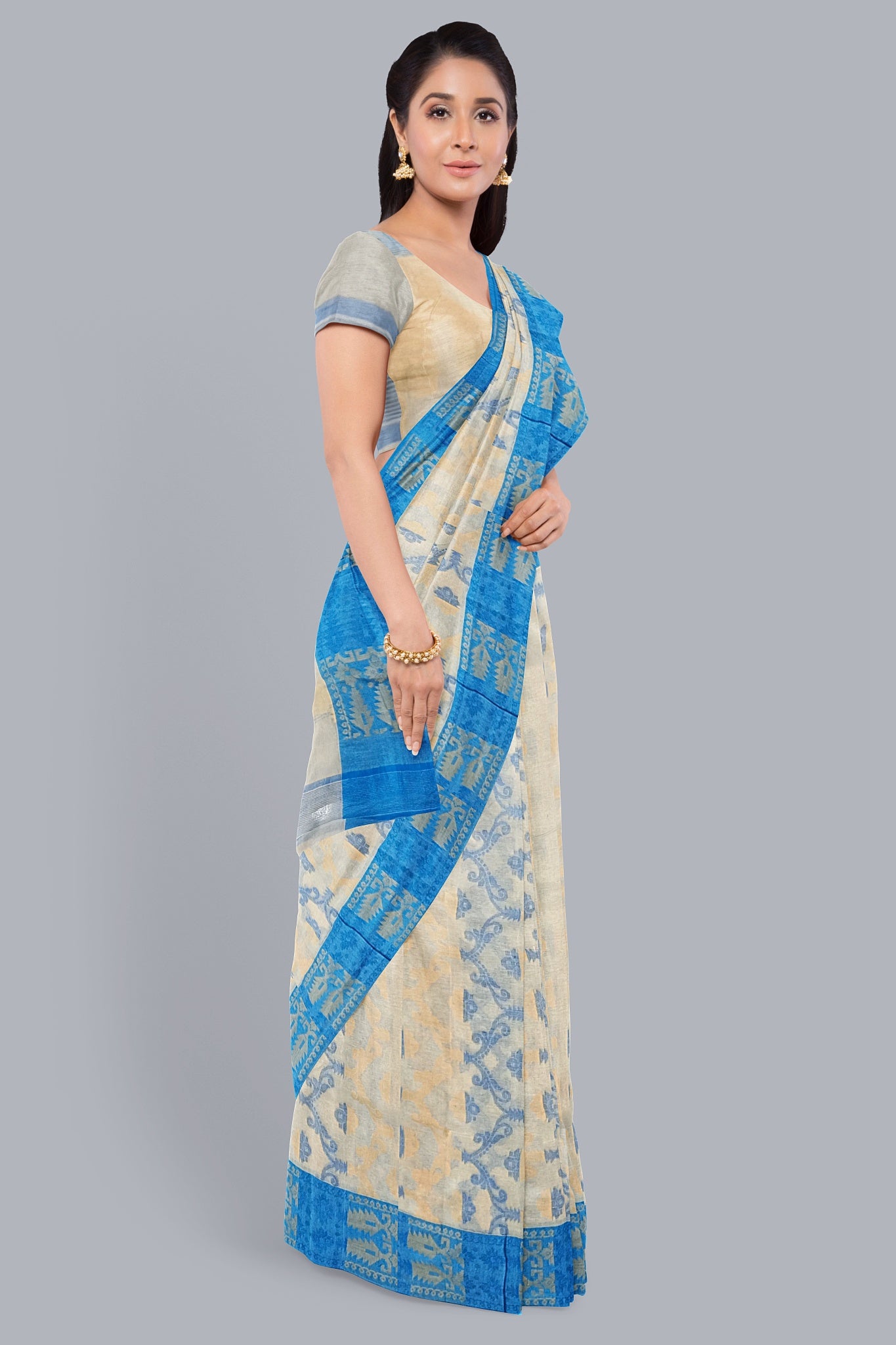 Elegant Cream Tant Jamdani Saree with Sky Blue and Biscuit Accents.DN NO-1086