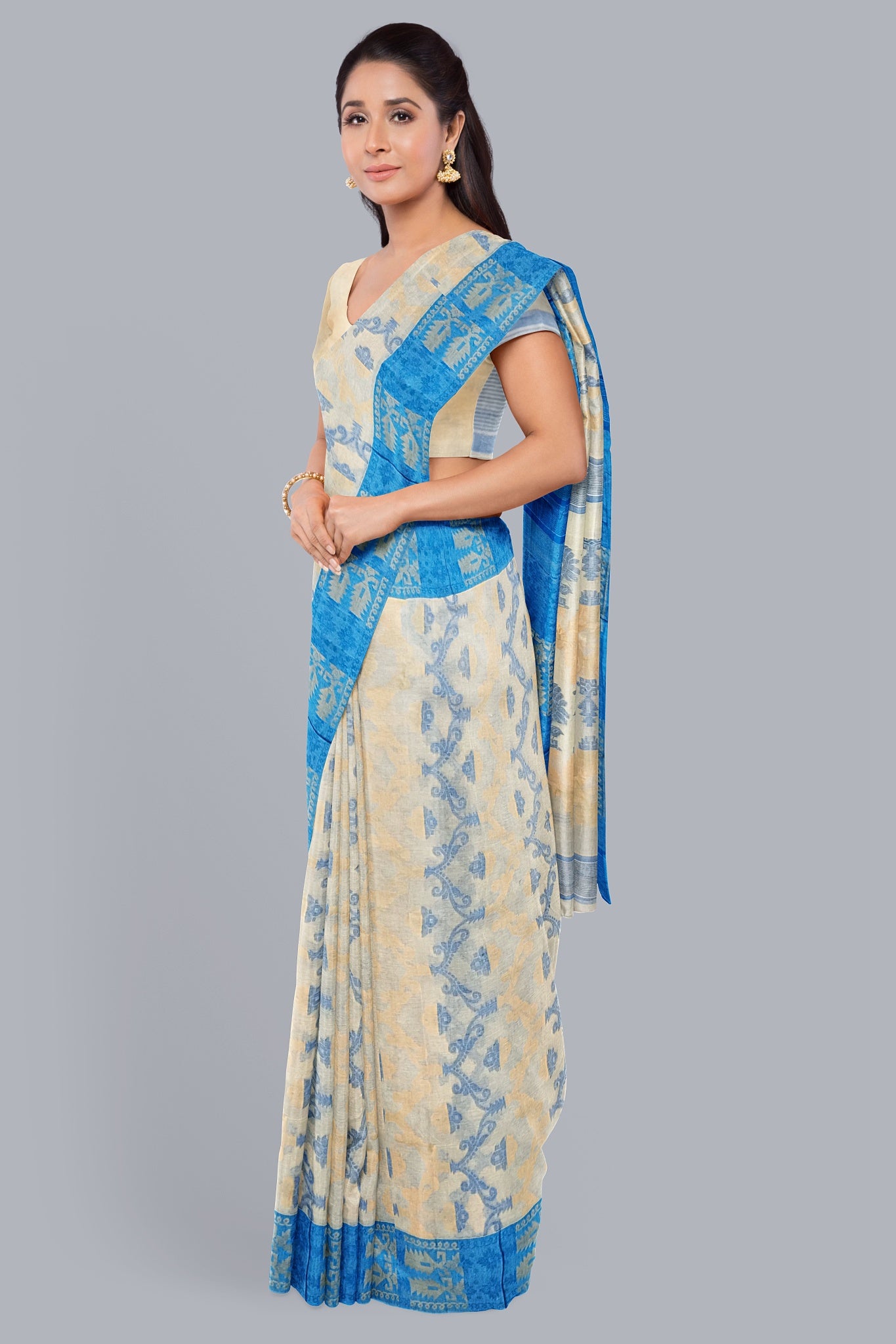 Elegant Cream Tant Jamdani Saree with Sky Blue and Biscuit Accents.DN NO-1086