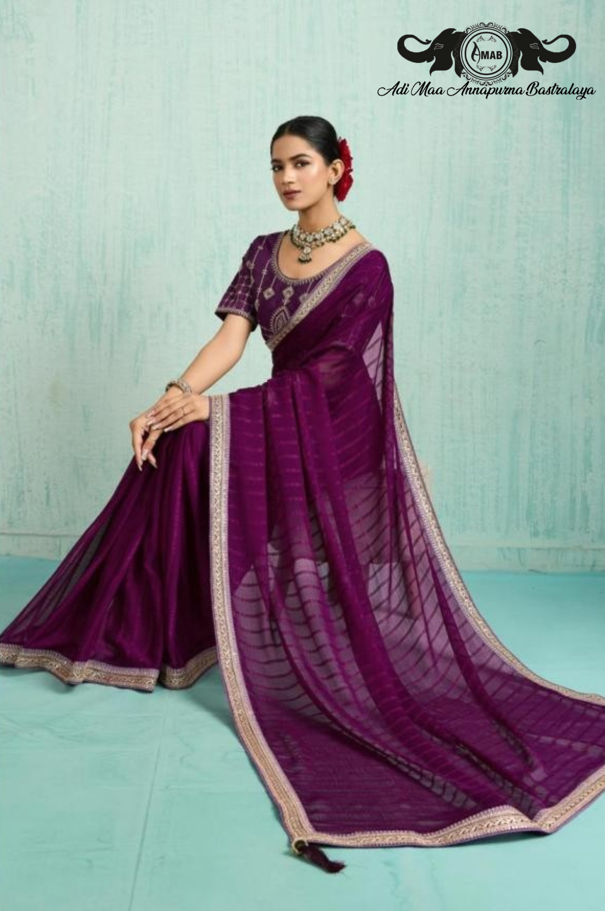 Wholesale Deep Purple Georgette Saree with Woven Border