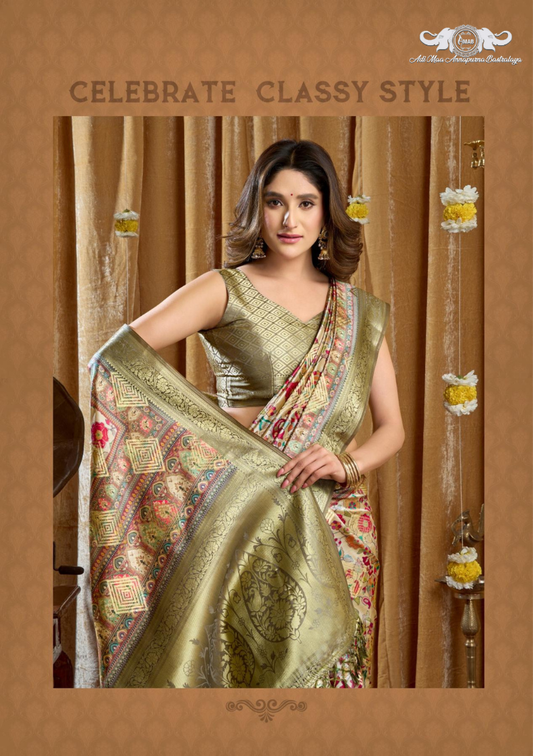 Banarasi Soft Silk Saree with Paisley Butti and Zari Border set of 6