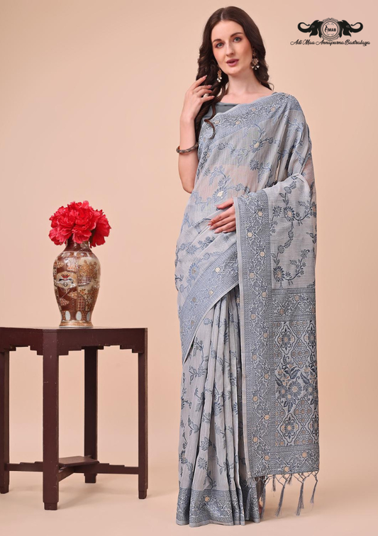Floral Woven Linen Blend Saree with Elegant Zari Border SET OF 5