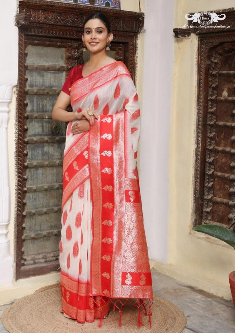 Elegant Linen Blend Saree with Woven Zari Border and Tassels set of 4
