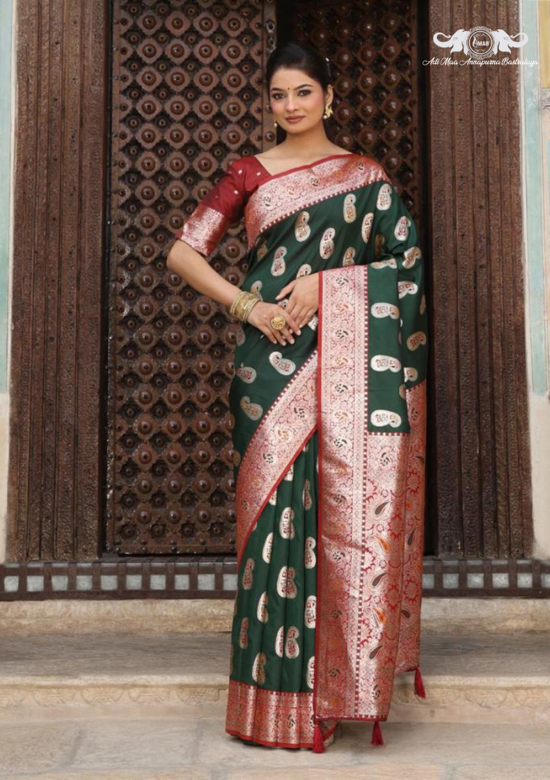 Banarasi Soft Silk Saree with Traditional Paisley Butti and Zari Border set of 5