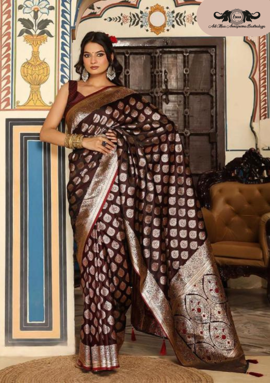 Designer Banarasi Soft Silk Saree with Heavy Leaf Weaving set of 6