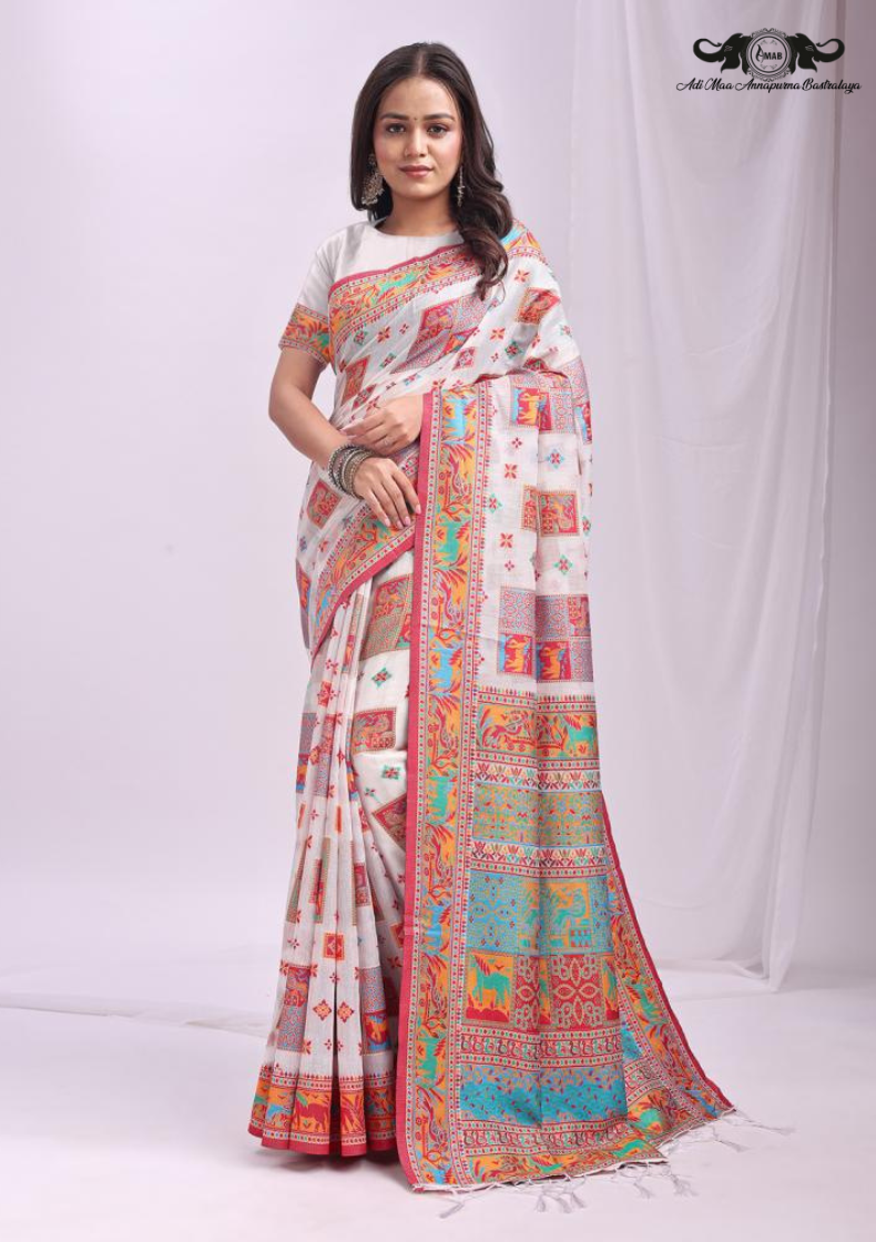 Gauri Traditional Soft Silk Saree with Heavy Zari Floral Border set of 6