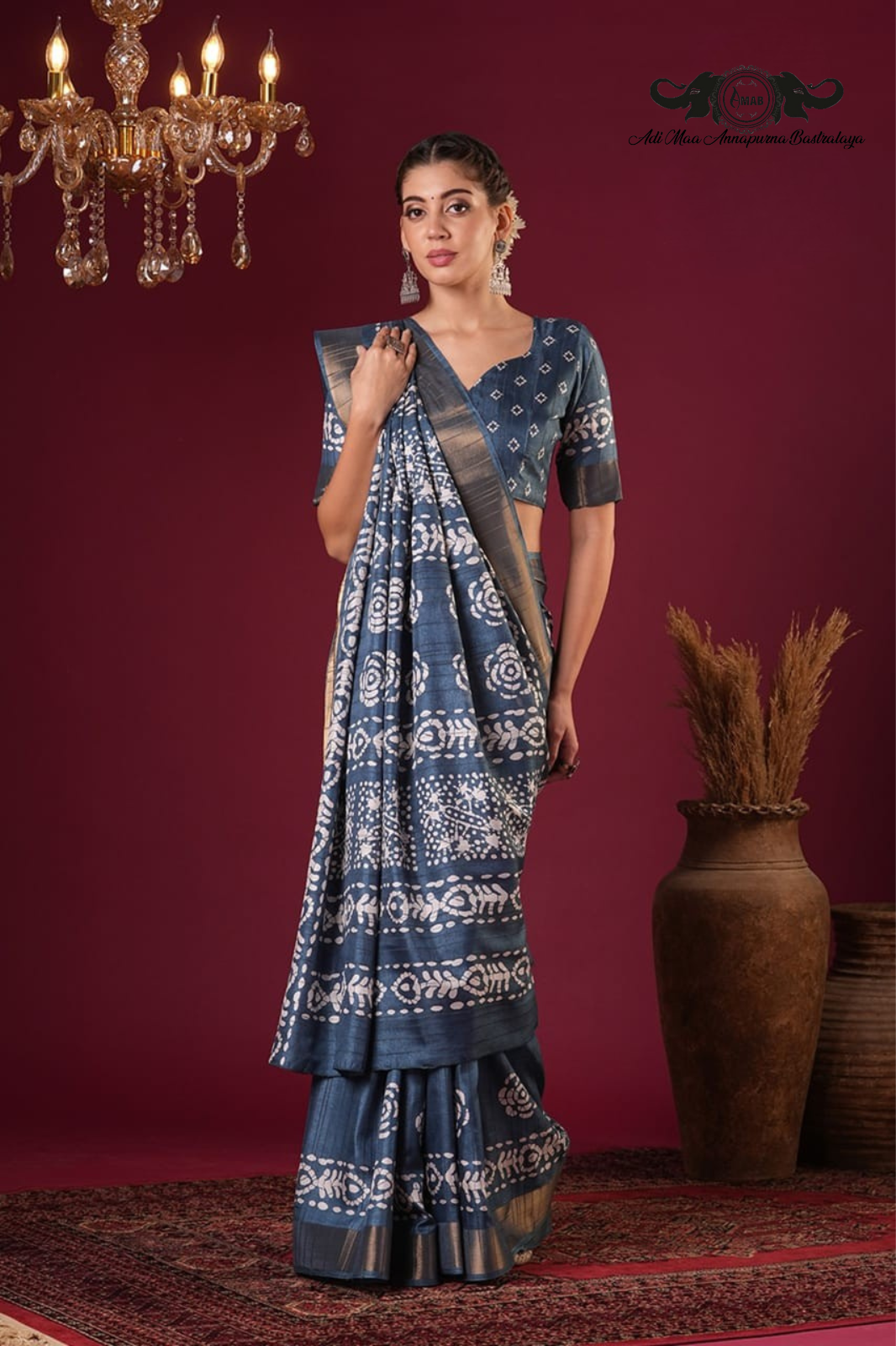 Artisanal Batik Print Tussar Silk Saree with Zari Border