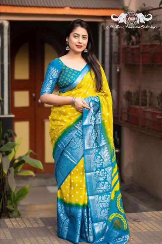 Vibrant Yellow and Blue Bandhani Saree with Heavy Border - Wholesale