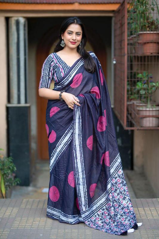 Premium Hand Block Printed Chanderi Cotton Saree – Batik & Ajrakh Design