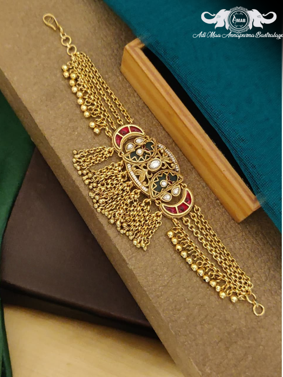 Wholesale Antique Gold Multi-Chain Bracelet with Chandbali Meenakari