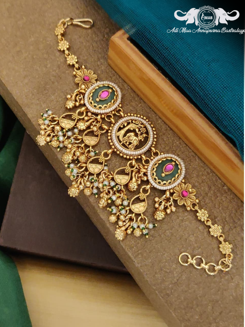 Wholesale Antique Gold Heritage Bracelet with Green Meena Drops