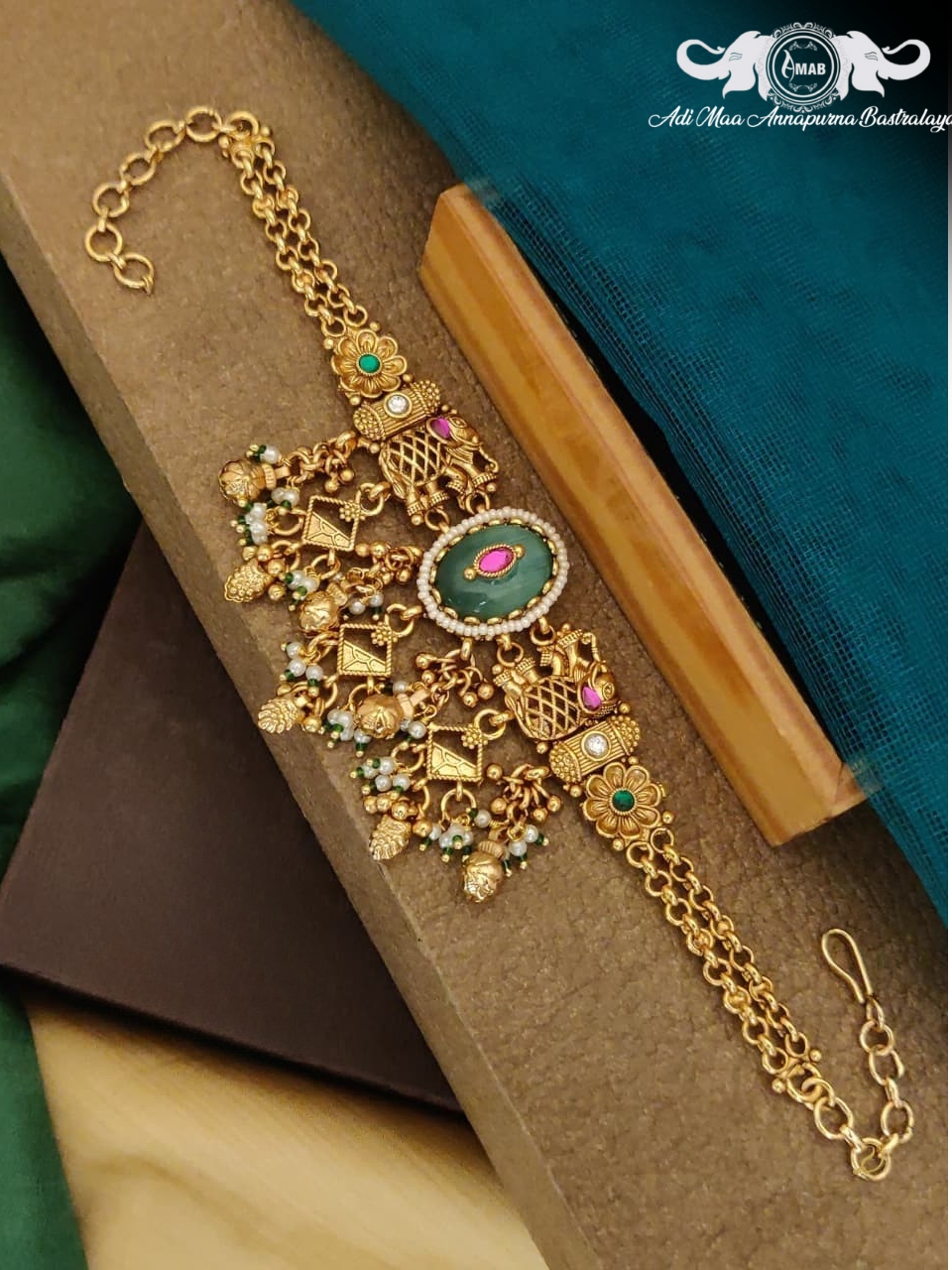 Wholesale Antique Gold Heritage Bracelet with Green Meenakari