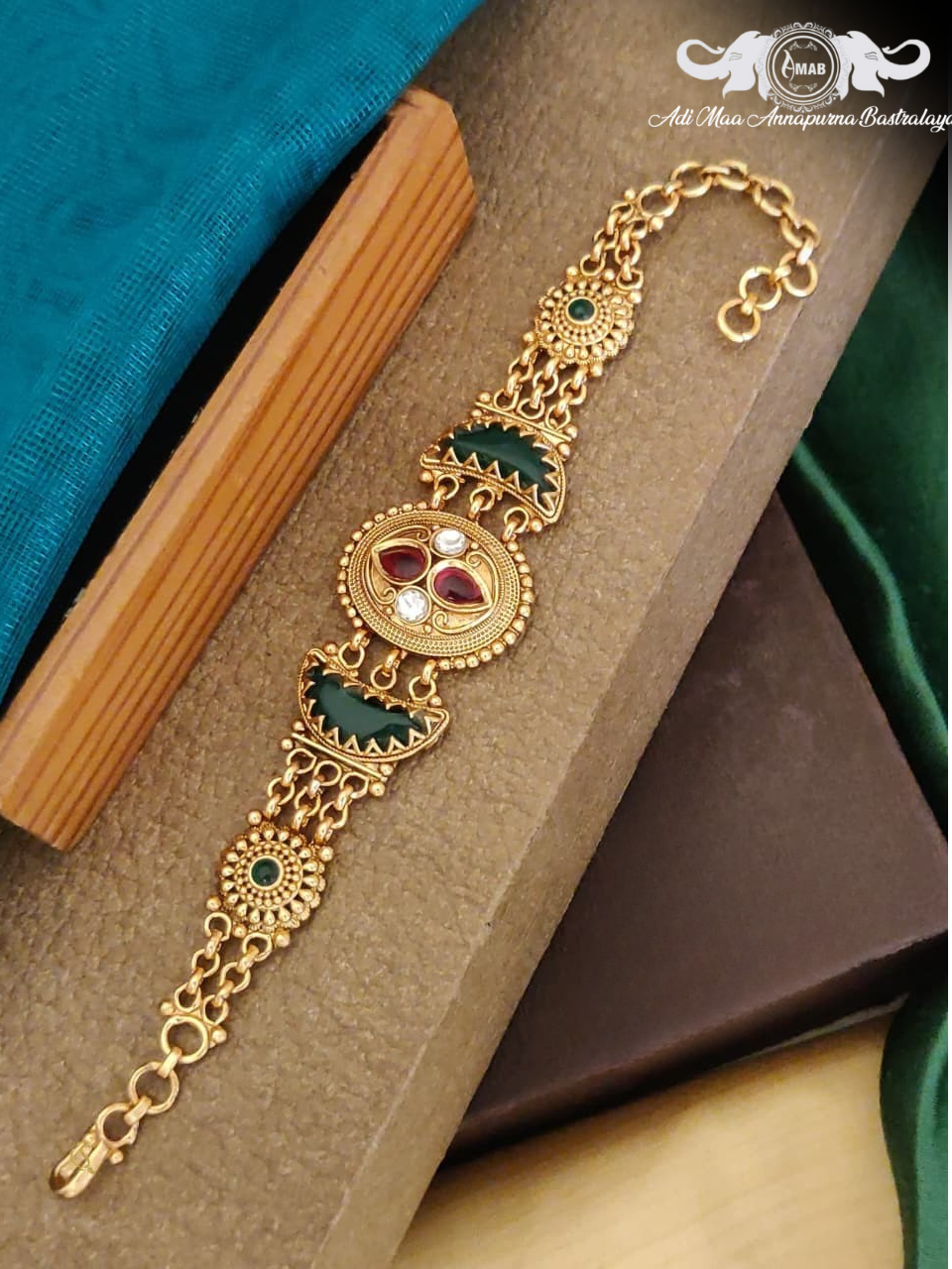 Wholesale Antique Gold Heritage Bracelet with Red/Green Meenakari