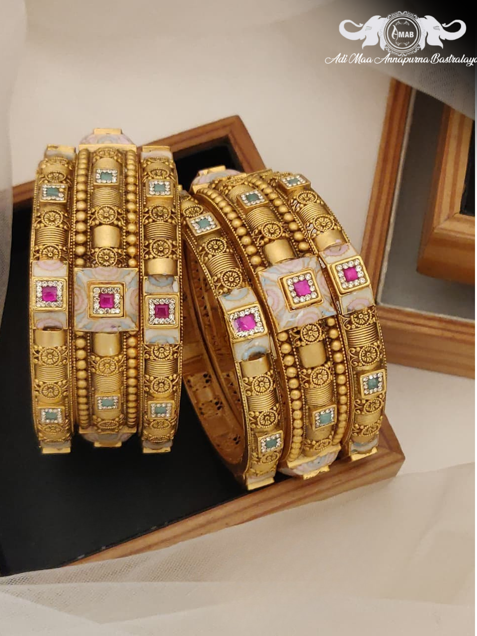 Wholesale Antique Gold Chokshi Kada Bangles with AD/Ruby (6 Pcs)