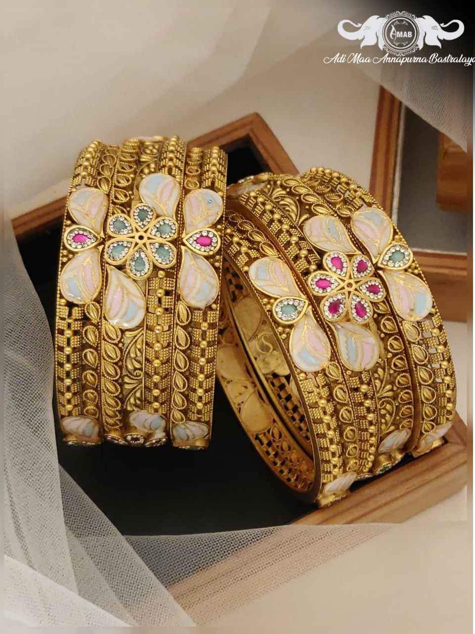 Wholesale Antique Gold Kada Bangles with Pastel Meenakari (6 Pcs)