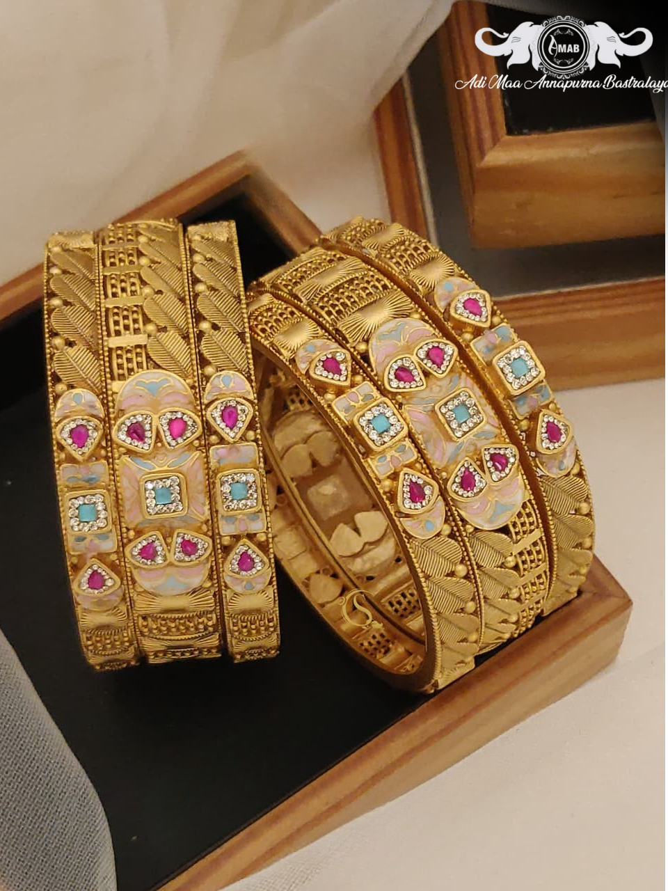 Wholesale Antique Gold Chokshi Bangles with Ruby/AD (6 Pcs)