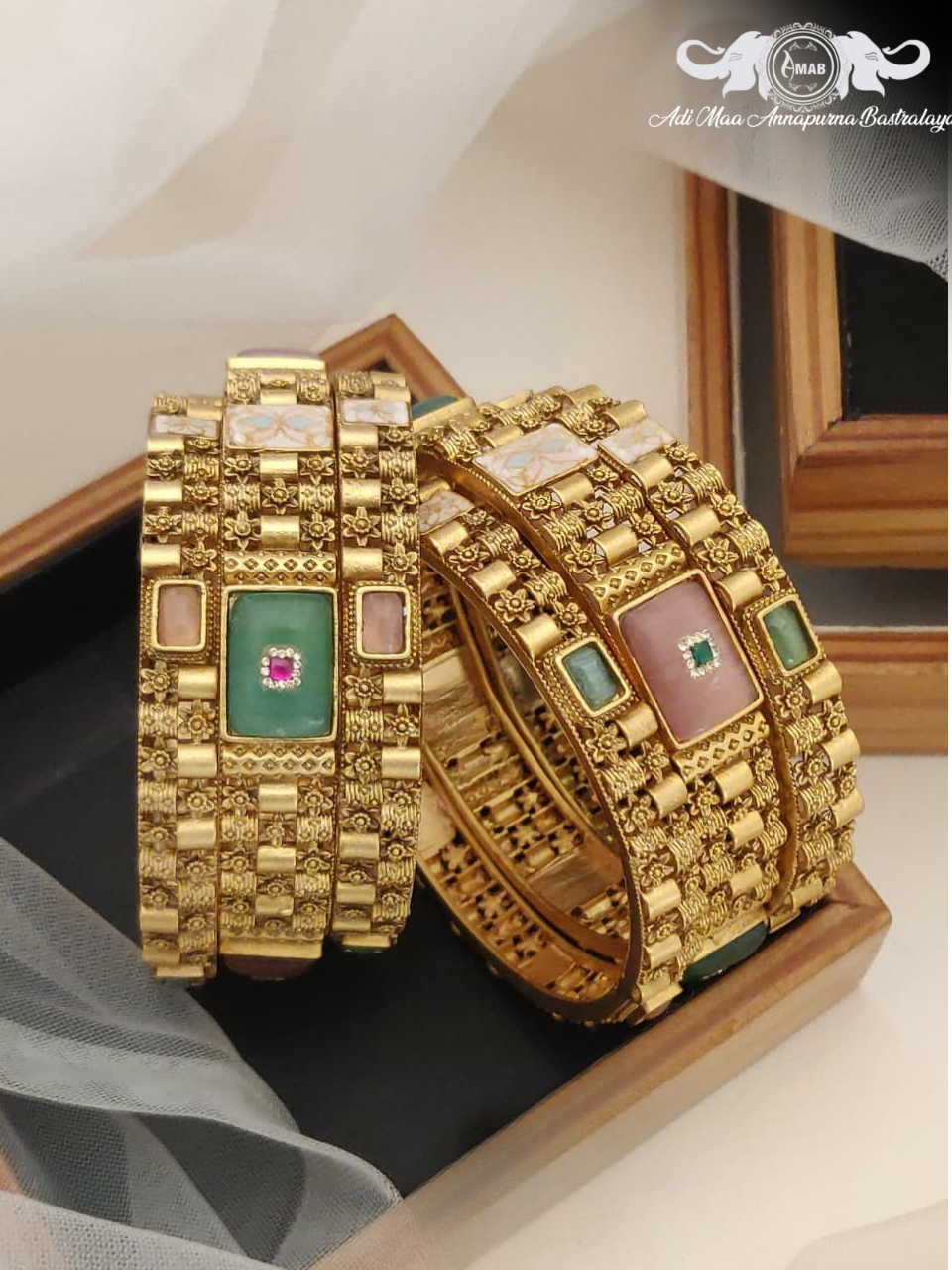 Wholesale Antique Gold Chokshi Bangles with Green/Pink Stones (6 Pcs)