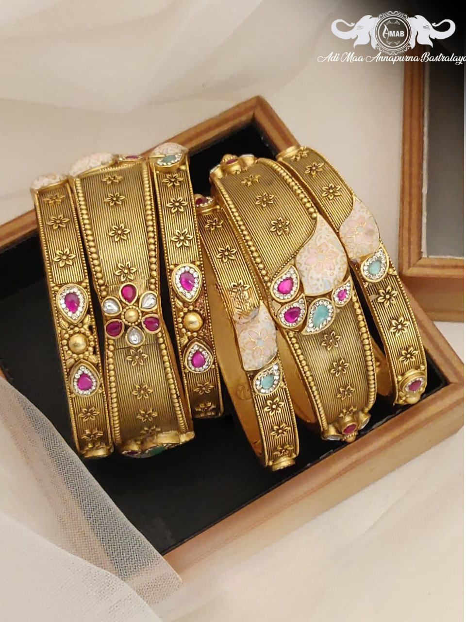 Wholesale Antique Gold Kada Bangles with Multi-Color Meena (6 Pcs)