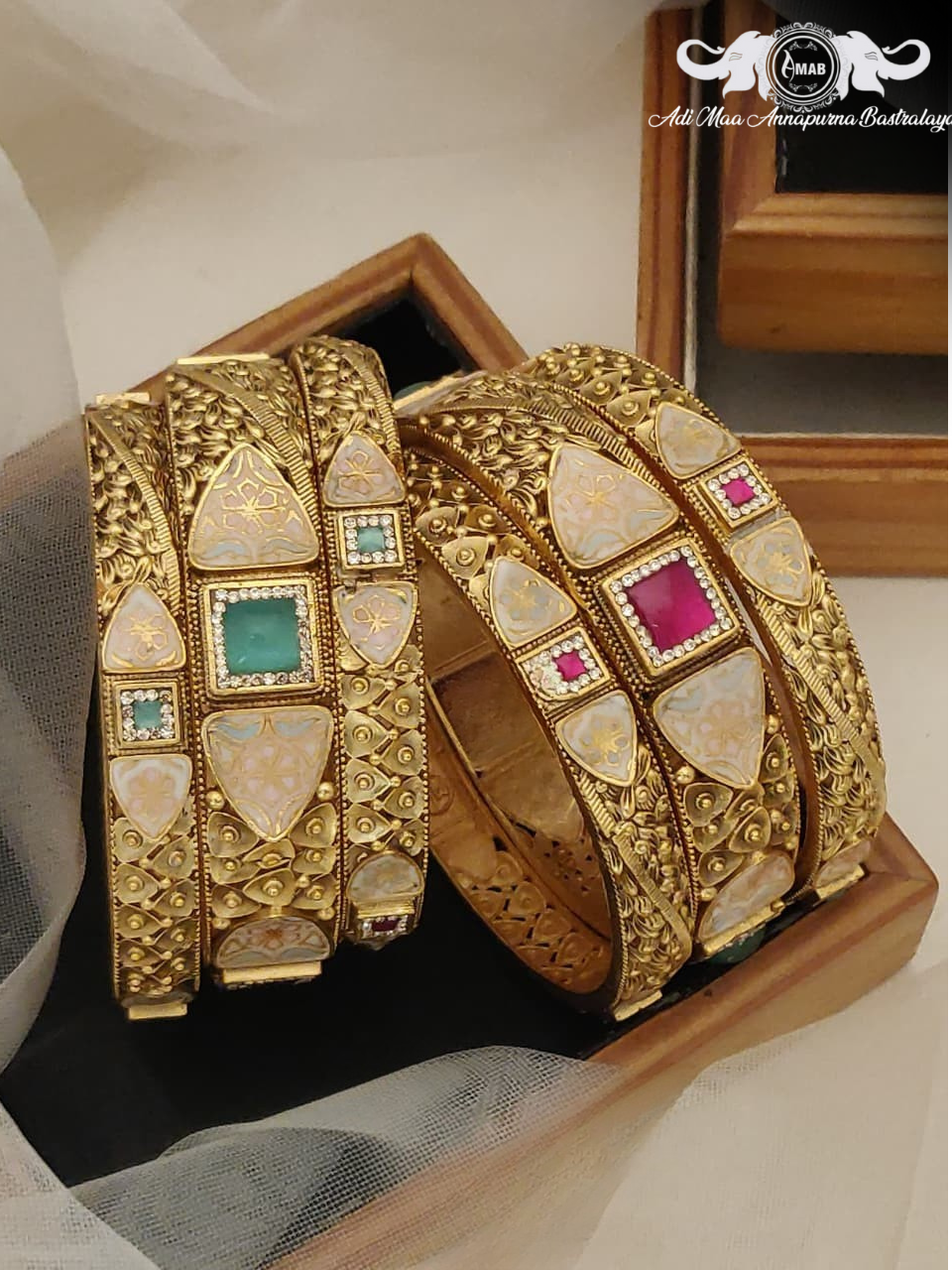 Wholesale Antique Gold Kada Bangles with Meenakari/Stones (6 Pcs)