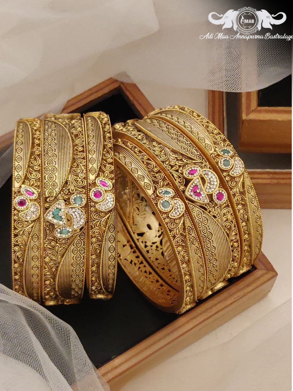 Wholesale Antique Gold Kada Bangles with Butterfly/Stone (6 Pcs)