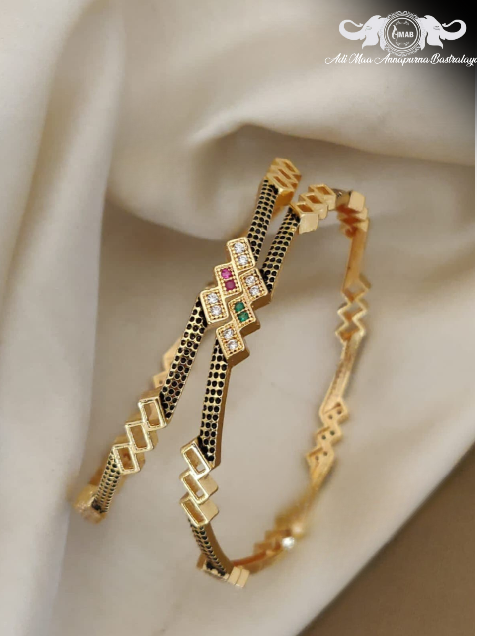 Wholesale Gold Plated AD/Ruby Zigzag Bangles (Set of 2)