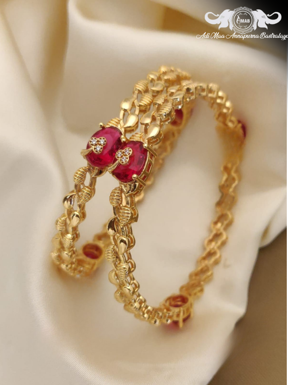 Wholesale Gold Plated Daily Use Kadli with Ruby Stones (2 Pcs)