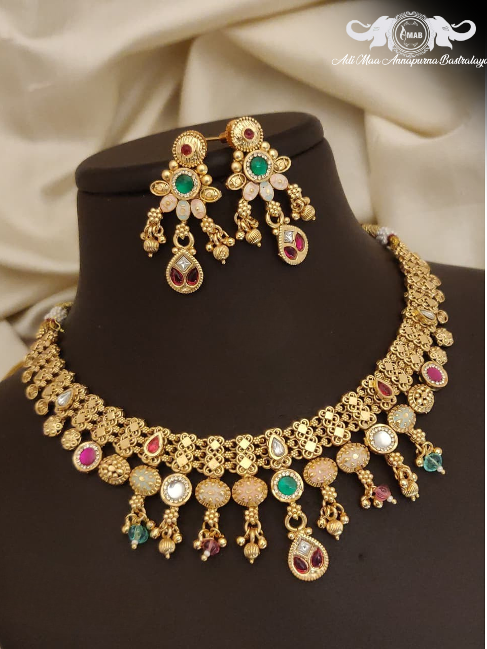 Wholesale Antique Gold Chokshi Choker Set with Multi-Color Drops